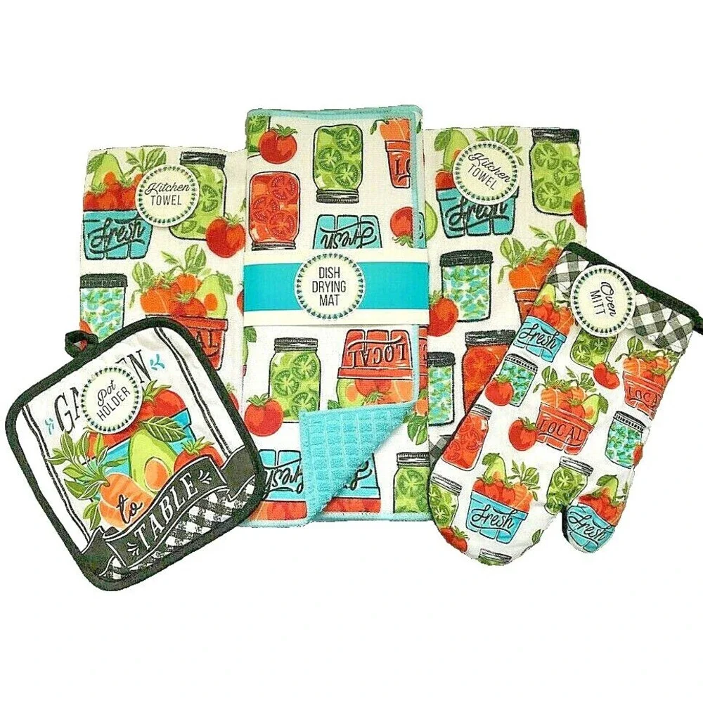 Vegetable Garden Set of 5 Kitchen Drying Mat Dish Towels Oven Mitt Potholder